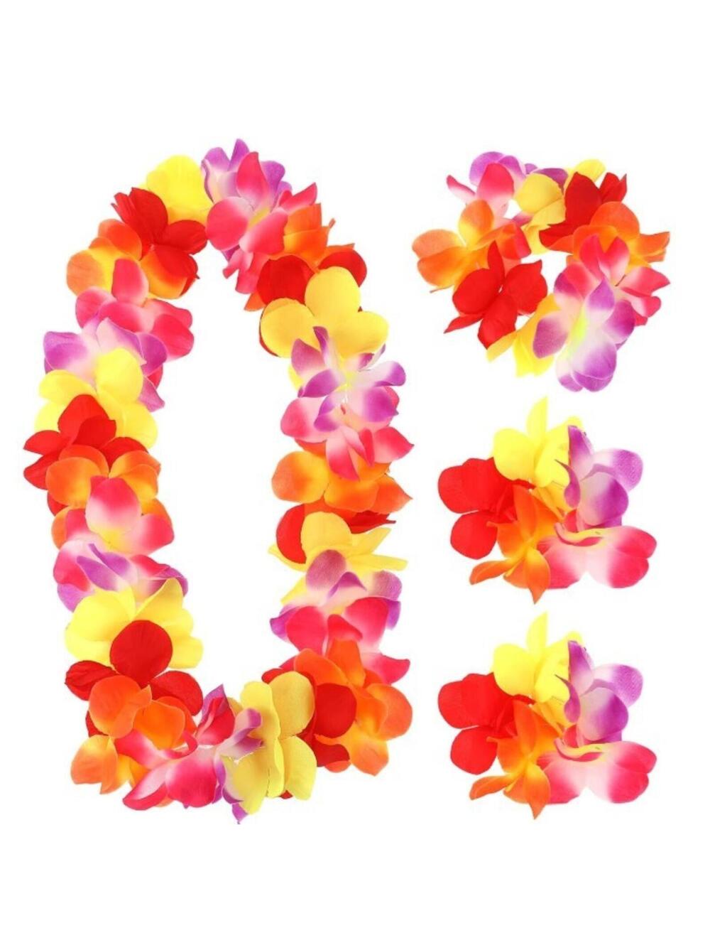 Hawaiian Leis 4 Pack Flower Necklace, Headband ,2 Wristbands Party Accessories
